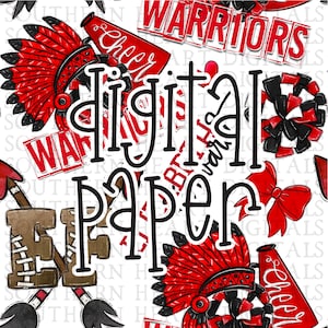 May include: Digital paper with a red, white, and black color scheme. The paper features a variety of images, including a Native American headdress, a cheerleader's bow, a football, and a megaphone. The text "digital paper" is written in black.