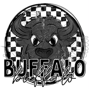 Black and White Checkered School Mascot Doodle BUFFALO PNG Digital Files