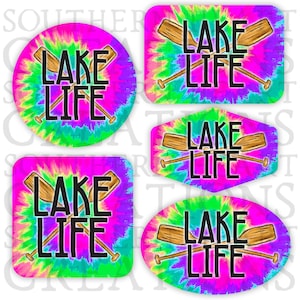 May include: Five different tie-dye designs with the text "Lake Life" and crossed oars in black. The designs are in shades of pink, green, blue, and yellow.