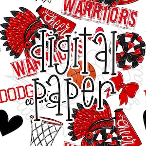 May include: A digital paper design featuring a repeating pattern of red and black cheerleading and basketball elements. The design includes text such as "Warriors", "Cheer", and "Digital Paper". A basketball, a heart, and a basketball net are also included.