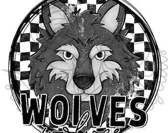 Black and White Checkered School Mascot Doodle WOLVES PNG Digital Files