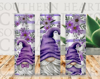 Watercolor Purple Gnomes Floral Tumbler Wrap PNG Digital Download