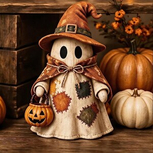 May include: A cream-coloured ghost figurine wearing a tall orange witch hat with a dark band and a matching patterned cape tied at the neck. The ghost features stitched-on fabric patches in orange and green and holds a small orange jack-o'-lantern bucket.