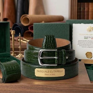 May include: A dark green crocodile-embossed leather belt with a silver-toned buckle, presented in a matching green box with the text Pasquale Cutarelli Made in Italy. Includes a premium certificate, a small wallet, and a leather accessory case.