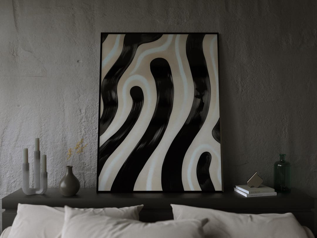 Ready to Hang Black White Wave Wall Art - Premium Rhythmic Pattern ...