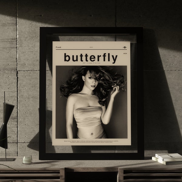 Cartel del álbum "Butterfly" de Mariah Carey, arte mural moderno y minimalista, impresión musical de mediados de siglo, decoración brutalista de la habitación, ilustraciones icónicas del álbum