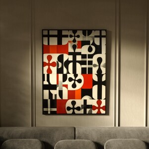 May include: Abstract geometric art print with black, white, and red shapes. The print features a repeating pattern of circles, squares, and crosses.