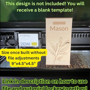 May include: A wooden mini locker with the name "Mason" engraved on the front. The locker features a leaf design and measures 22.86cm x 11.43cm x 11.43cm. The image includes text that says "Digital Download!"
