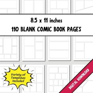 May include: A collection of blank comic book pages with various panel layouts. The pages are 8.5 x 11 inches and include 110 pages. Text on the image reads "Variety of Templates Included" and "DIGITAL DOWNLOAD".