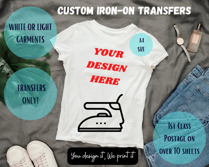 Custom Iron on Transfers for White and Light Colour Material Personalise Your Photo or Design