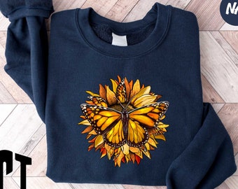 Sunflower Butterfly Sweatshirt, Floral Sweatshirt, Sunflower Shirt, Butterfly Sweatshirt, Floral Butterfly Sweatshirt, Sunflower Lover Gift