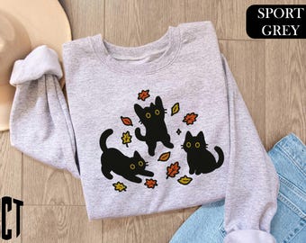 Black Cats Fall Sweatshirt, Black Cats T-Shirt,Fall Leaves Shirt, Cat Mom Tee, Autumn Cat Shirt, Cozy Cat Lover Gift, Autumn Sweater