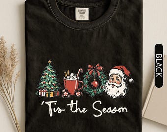 Tis the Season Christmas Shirt, Retro Santa Hot Cocoa Tee, Christmas Tree Cozy Holiday Gift