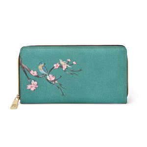 Portefeuille Velvet Innah - Un portefeuille à fermeture éclair romantique en velours turquoise, fleurs de cerisier et oiseaux, produits sans cruauté, poches pour de l'argent, beauté de la nature