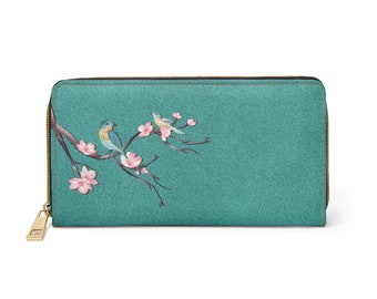 Velvet Innah Wallet- A Romantic turquoise velvet color Cherry Blossom & birds Zipper Wallet, Cruelty-free, Pockets for cash beauty of nature