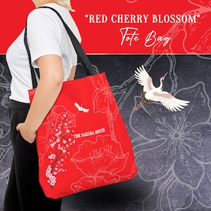 Red Sakura | Cherry Blossom Tote Bag - Cherry Blossom Polyester, Reinforced Handles - 3 Sizes