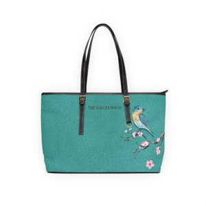 leather PU Shoulder, Stunning turquoise bag New addition to our turquoise collection. beautiful songbird on a branch of the cherry tree.
