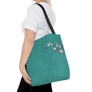 Velvet Innah Bag- A Romantic turquoise velvet color Tote Bag Cherry Blossom & birds Bag design Shoulder Bag unique cotton handles everyday