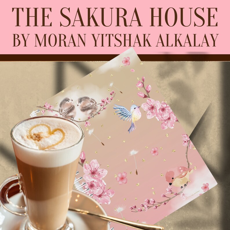 May include: A latte with a heart design in the foam sits on a saucer with a gold spoon. The background is a pink and beige pattern with cherry blossoms and birds.