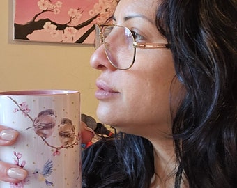 Sakura Mug 11oz Mug. Elegant & Cute, Pink inside, Cherry Blossom, Birds coffee mug. Gold Harts mug Sweet design full of harmony and balance