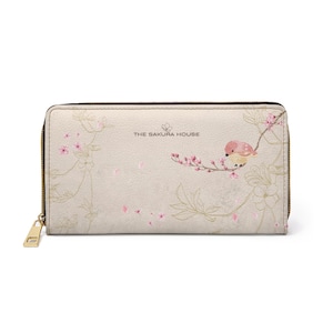 Sakura Branch Zipper Wallet, Gold & Pink Floral Design, Elegant Aesthetic Wallet, Cherry Blossom Pouch, Stylish Floral Wallet