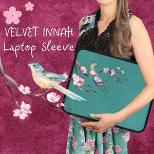 laptop sleeve bag, Romantic turquoise velvet color Cherry Blossom & bird, Sakura floral Laptop Sleeve, beauty of nature sizes up to 17 inch