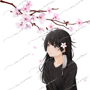 SVG file A girl with a flower in her hair under a cherry tree branch