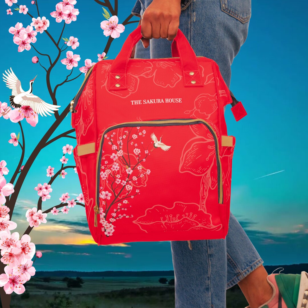 Red Sakura Multi-function Bag With Cherry Blossom & Crane Design