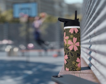 Roestvrijstalen waterfles met kersenbloesempatroon | 12 oz 18 oz 32 oz
