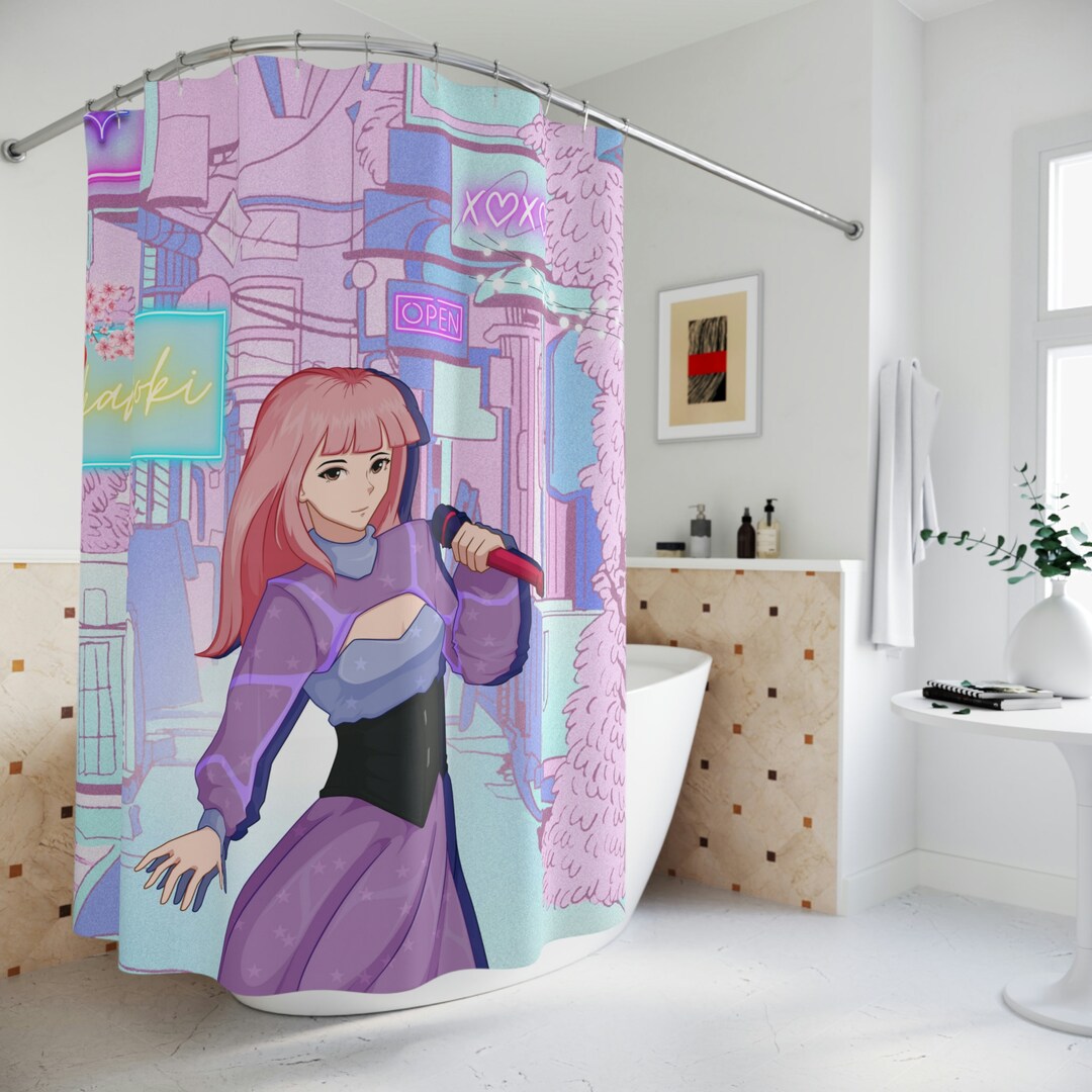 Kawaii Anime Karaoke Shower Curtain Girl Singing in the Streets of