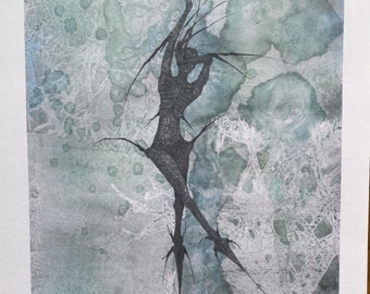 Gothic Ink Drawing Figure Geiger Style Dancer | Ink Giclee Print Design | Monster Black ink on Blue Green Paper Water Mono Limited Print