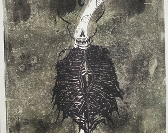 Demon Priest Cloaked Black Monster Demon MonoPrint | Mystery Horned Beast | Ink over Original Gel Print | Original Art 8x10