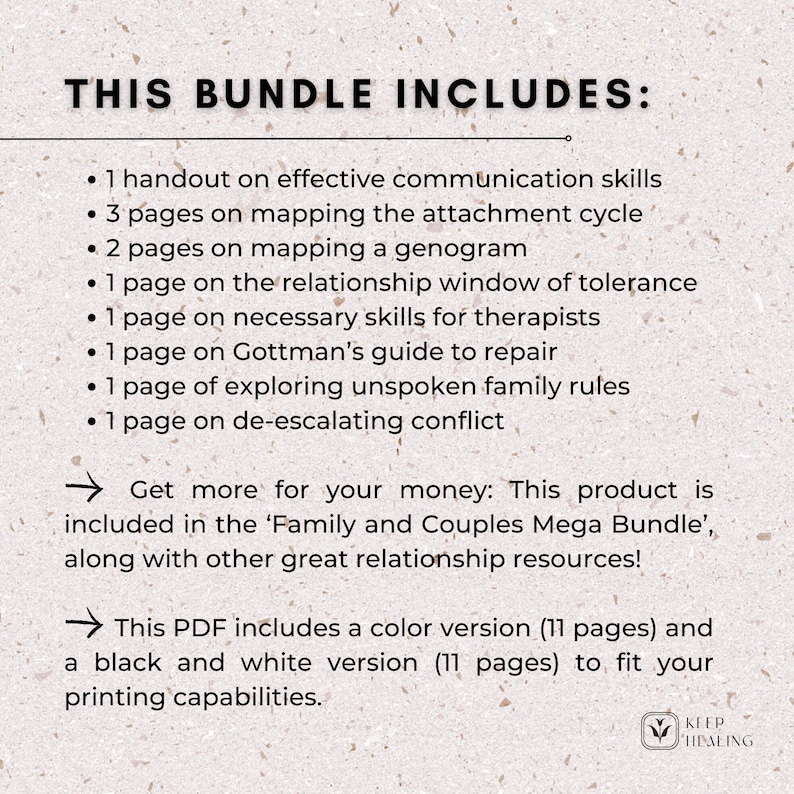 May include: A printable PDF bundle with 11 pages of resources for couples and families. The bundle includes handouts on effective communication skills, mapping the attachment cycle, and more. This product is also included in the 'Family and Couples Mega Bundle'.