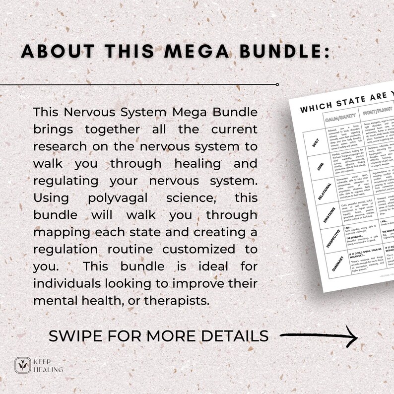 May include: A white and beige background with a text overlay that reads "ABOUT THIS MEGA BUNDLE:". The text describes a nervous system mega bundle that brings together all the current research on the nervous system to walk you through healing and regulating your nervous system. The text also mentions using polyvagal science. The text ends with "SWIPE FOR MORE DETAILS".