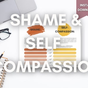 May include: A printable worksheet titled "Shame & Self-Compassion" with sections for "Shame" and "Self-Compassion". The worksheet includes prompts for identifying automatic thoughts, insights, and compassionate responses. The worksheet is designed to help individuals understand and manage shame and cultivate self-compassion.