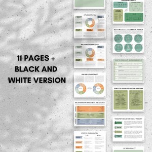 May include: An 11-page printable workbook with green and orange illustrations. The workbook includes sections on attachment cycles, relationship repair, conflict resolution, family of origin exploration, and therapist skills for family therapy. The text "11 PAGES + BLACK AND WHITE VERSION" is displayed on the image.