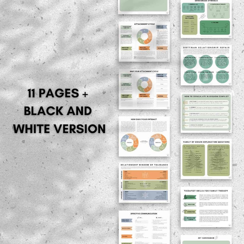 May include: An 11-page printable workbook with green and orange illustrations. The workbook includes sections on attachment cycles, relationship repair, conflict resolution, family of origin exploration, and therapist skills for family therapy. The text "11 PAGES + BLACK AND WHITE VERSION" is displayed on the image.