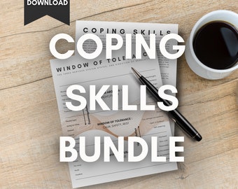 May include: A printable coping skills bundle with a window of tolerance diagram. The bundle includes a printable worksheet with the text "Coping Skills Bundle" and "Window of Tolerance: Calm, Safety, Rest".
