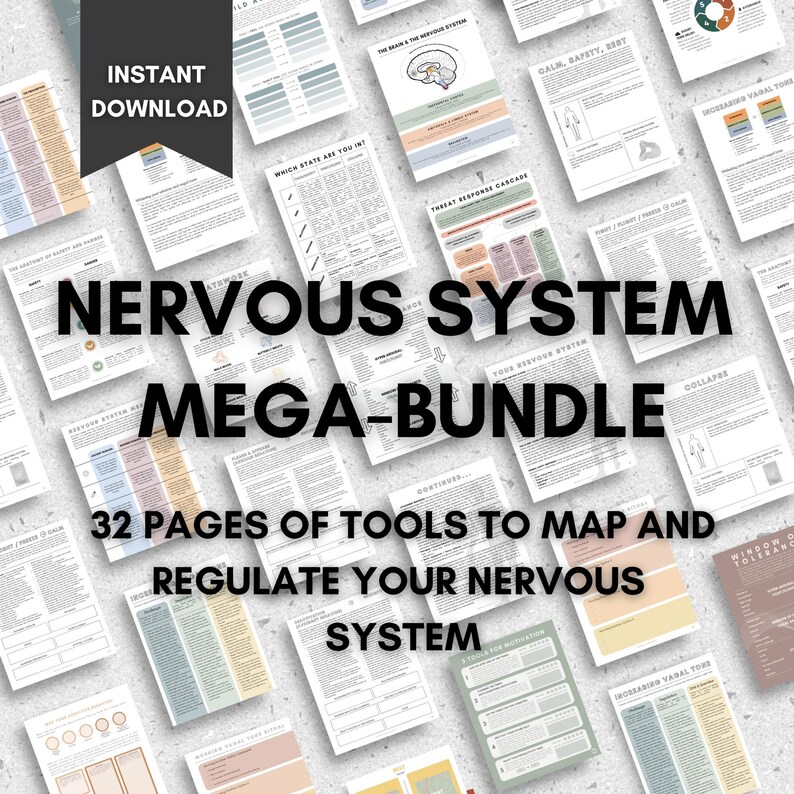 May include: A digital download bundle of 32 pages of tools to map and regulate your nervous system. The title "Nervous System Mega-Bundle" is in large, bold letters. The bundle includes worksheets, charts, and diagrams.