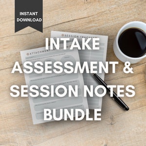 May include: Intake Assessment & Session Notes Bundle, a printable set of forms for therapists, counselors, or coaches. The forms include a session tracker, attachment interview, and session notes.