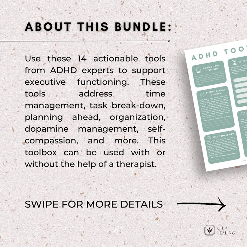 May include: A teal and white printable worksheet with the text "ADHD Tools" and a list of tools to help with executive functioning, including "Helping Your Future Self", "Setting Alarms & Timers", and "Self-Compassion".