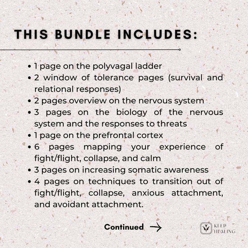 May include: A white background with black text outlining the contents of a bundle. The text reads "THIS BUNDLE INCLUDES:" followed by a list of items. The list includes: 1 page on the polyvagal ladder, 2 window of tolerance pages (survival and relational responses), 2 pages overview on the nervous system, 3 pages on the biology of the nervous system and the responses to threats, 1 page on the prefrontal cortex, 6 pages mapping your experience of fight/flight, collapse, and calm, 3 pages on increasing somatic awareness, 4 pages on techniques to transition out of fight/flight, collapse, anxious attachment, and avoidant attachment. The text "Continued" with an arrow pointing to the right is at the bottom of the page. A logo with the text "KEEP HEALING" is in the bottom right corner.