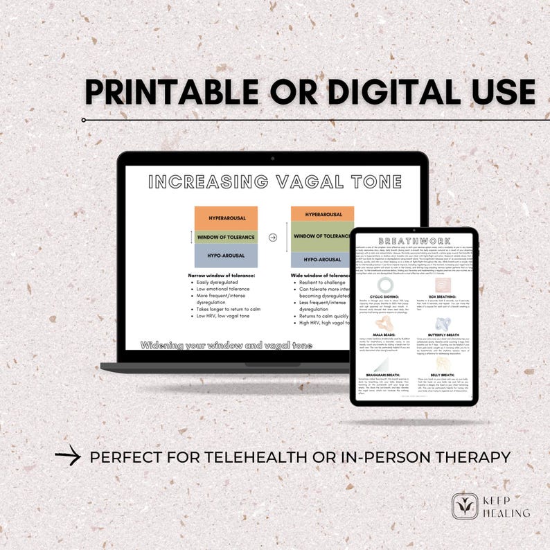 May include: Printable or digital infographic on increasing vagal tone. The infographic shows a diagram of the window of tolerance with hyperarousal, window of tolerance, and hypo-arousal. The infographic also includes a list of breathwork techniques, including cyclic sighing, box breathing, mala bead breathing, butterfly breath, mahabandha breath, and belly breath.