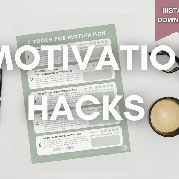 Hacks de motivación PDF imprimible / Herramientas para la motivación / Motivación para la depresión / Motivación para el TDAH / Hoja de trabajo para la terapia