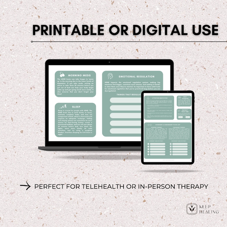 May include: Printable or digital worksheets for emotional regulation and attention regulation. The worksheets include sections for morning meds, sleep, emotional regulation, and attention regulation. The worksheets are perfect for telehealth or in-person therapy.