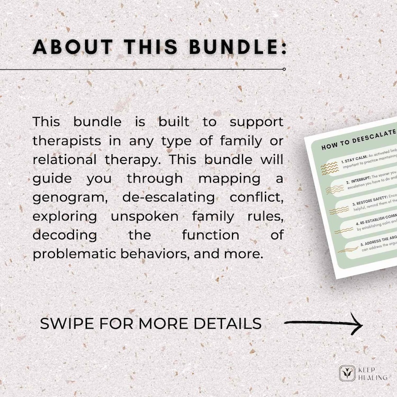 May include: A green and white graphic with the text "HOW TO DEESCALATE" and a list of steps to de-escalate conflict. The text "SWIPE FOR MORE DETAILS" is at the bottom of the graphic with an arrow pointing to the right. The graphic is on a light brown background.