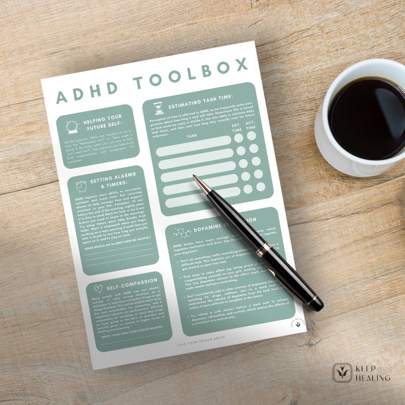 May include: A printable worksheet with green and white text on a white background. The worksheet is titled "ADHD Toolbox" and includes sections on "Helping Your Future Self", "Estimating Task Time", "Setting Alarms & Timers", "Dopamine Regulation", and "Self-Compassion".