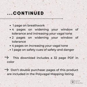 May include: A text-based infographic with a white background and black text. The text describes the content of a 32-page PDF download about breathwork, widening your window of tolerance, and increasing your vagal tone. The text also states that the download includes safety cues of safety and danger. The text also states that the download is included in the Polyvagal Mapping listing.