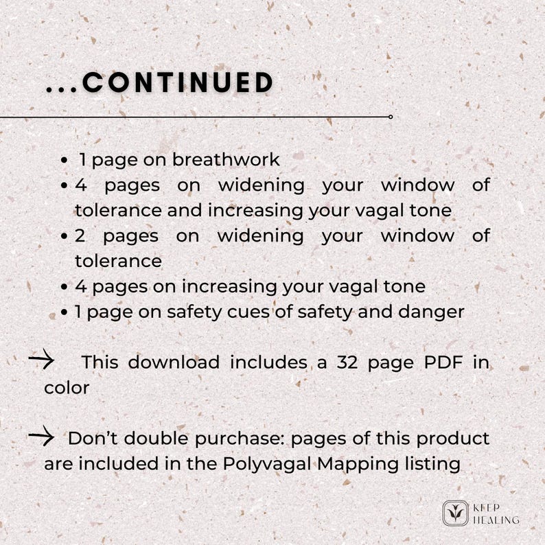 May include: A text-based infographic with a white background and black text. The text describes the content of a 32-page PDF download about breathwork, widening your window of tolerance, and increasing your vagal tone. The text also states that the download includes safety cues of safety and danger. The text also states that the download is included in the Polyvagal Mapping listing.