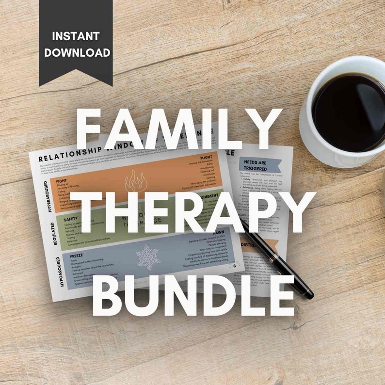 May include: A printable bundle of family therapy worksheets with the title "Family Therapy Bundle" in white text on a wood background. The worksheets include information about the different ways people respond to stress, such as fight, flight, freeze, fawn, and  distress.